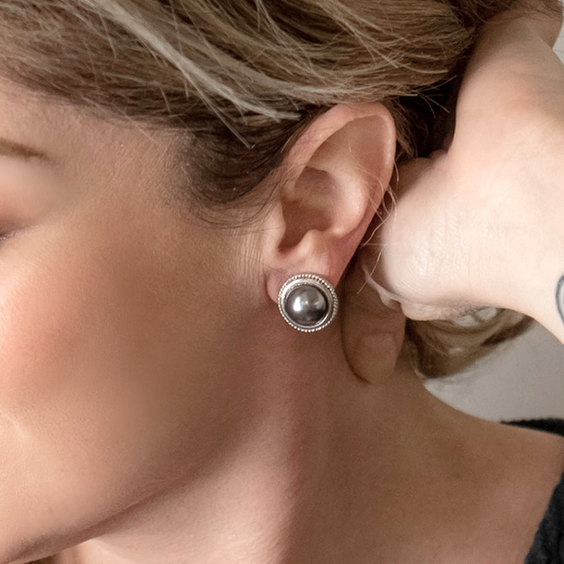 Classic Gray Pearl Stud Earrings with Rope Border Detail, Rhodium Plated