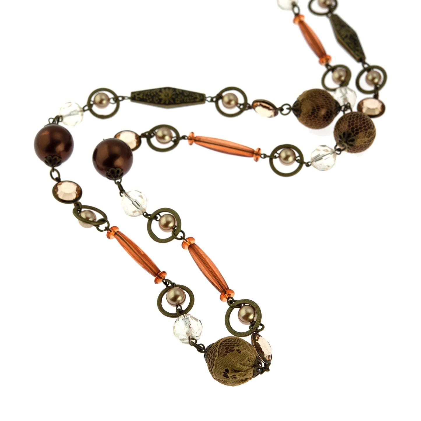 40 Inch Vintage Style Brown Mixed Bead Long Necklace with Antique Gold Tone Chain