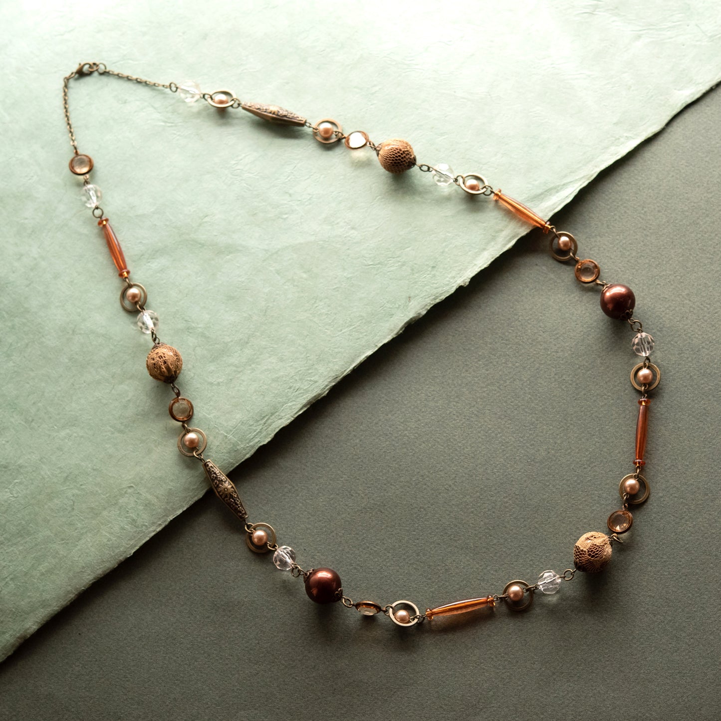 40 Inch Vintage Style Brown Mixed Bead Long Necklace with Antique Gold Tone Chain