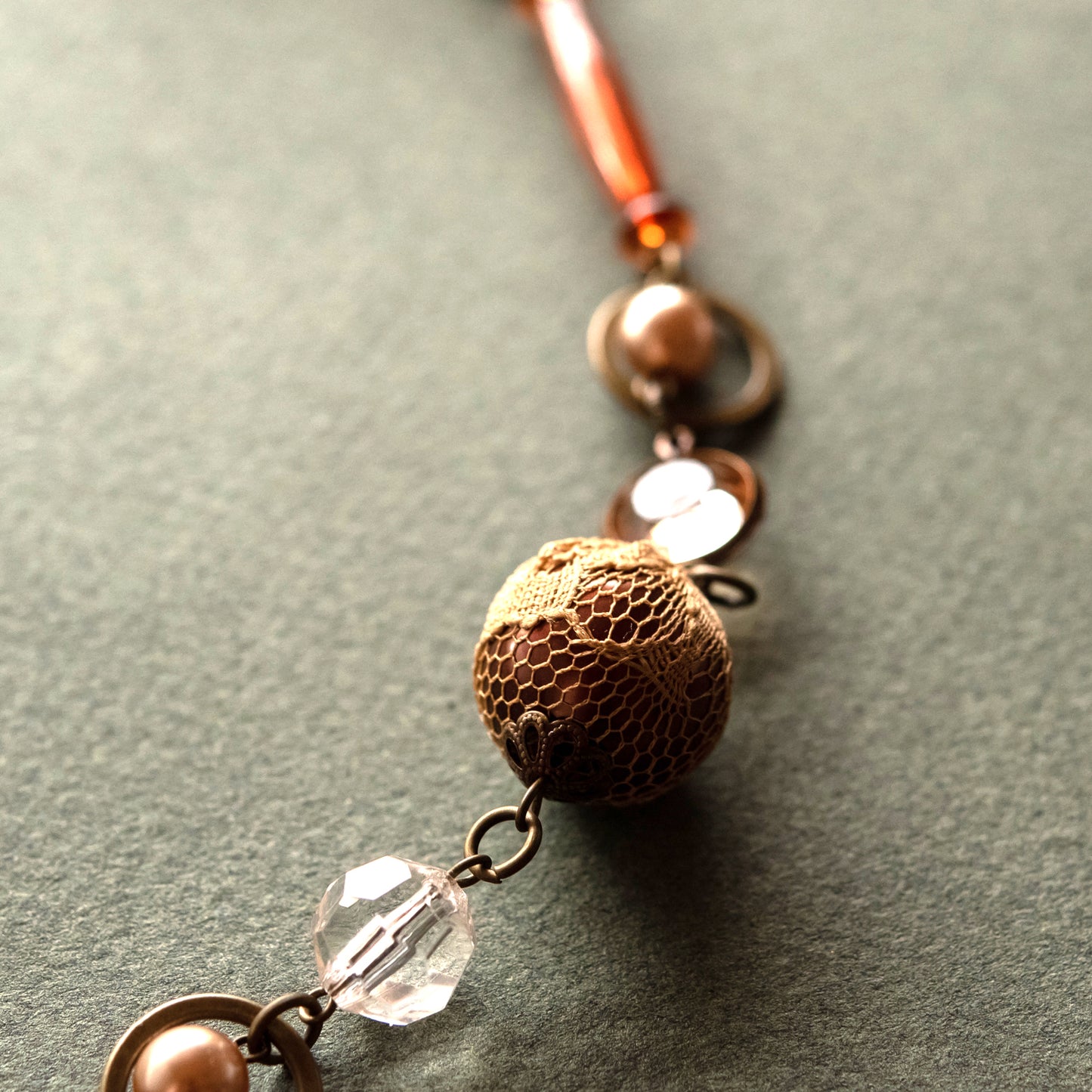 40 Inch Vintage Style Brown Mixed Bead Long Necklace with Antique Gold Tone Chain