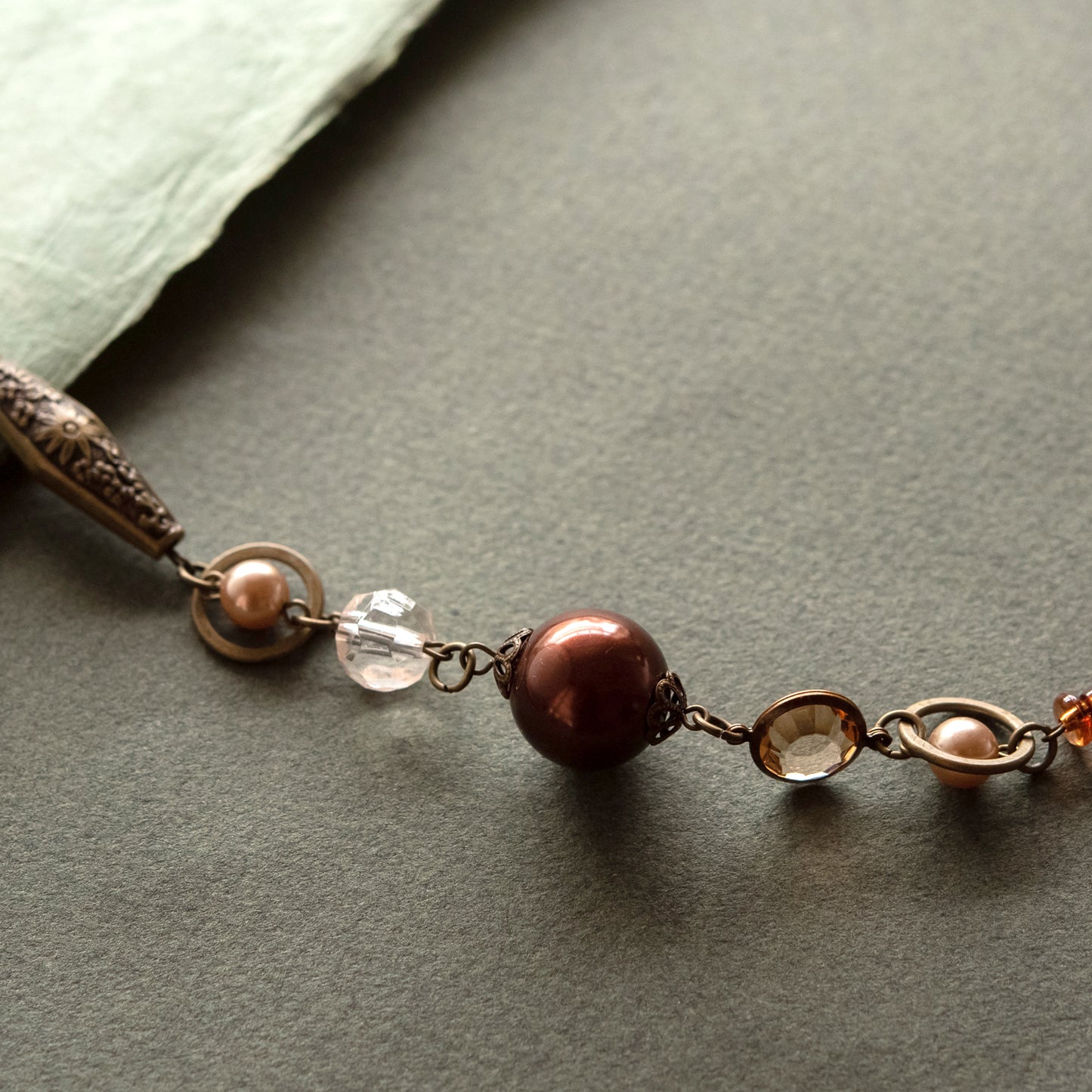 40 Inch Vintage Style Brown Mixed Bead Long Necklace with Antique Gold Tone Chain