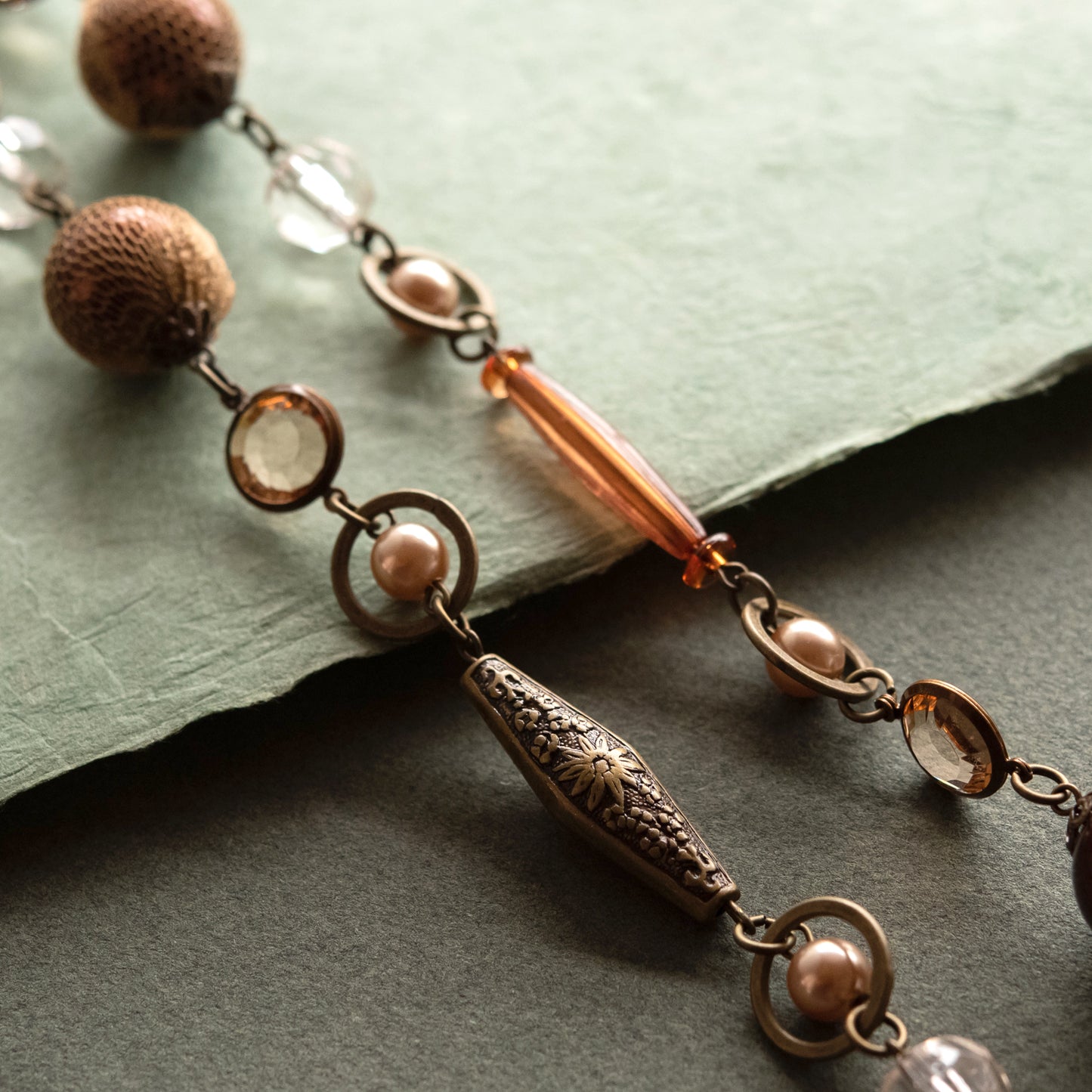 40 Inch Vintage Style Brown Mixed Bead Long Necklace with Antique Gold Tone Chain