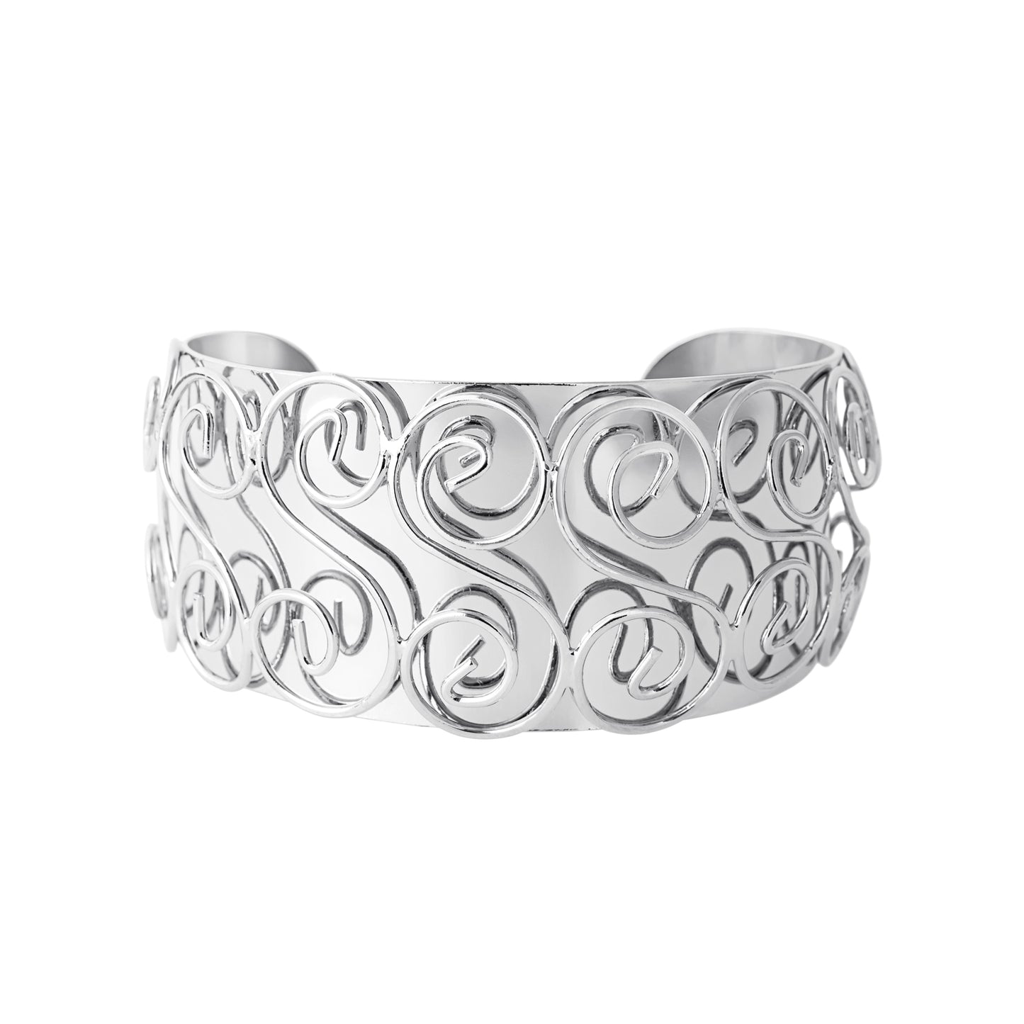 Wide Silver Tone Swirl Pattern Statement Cuff Bracelet with Raised Design