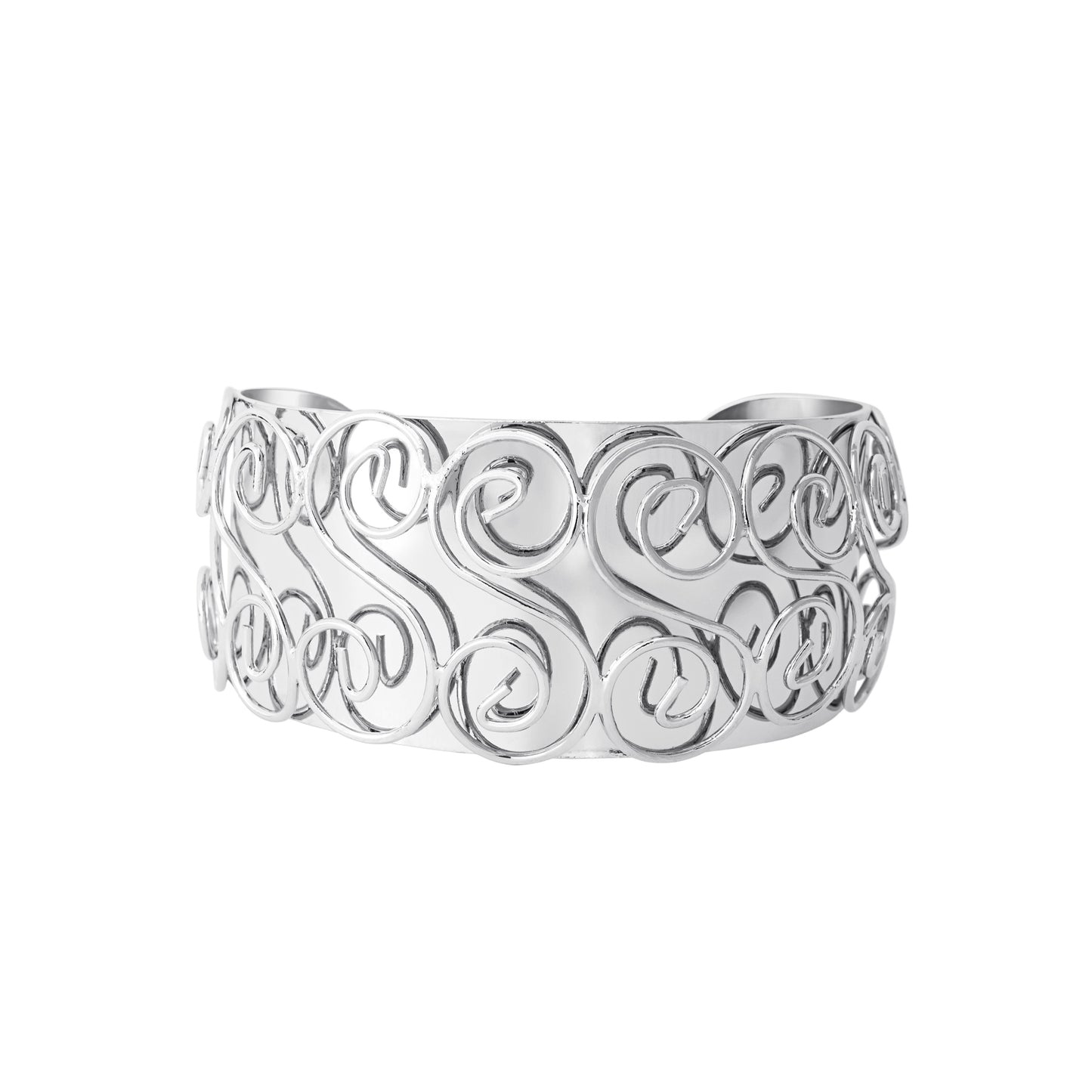 Wide Silver Tone Swirl Pattern Statement Cuff Bracelet with Raised Design