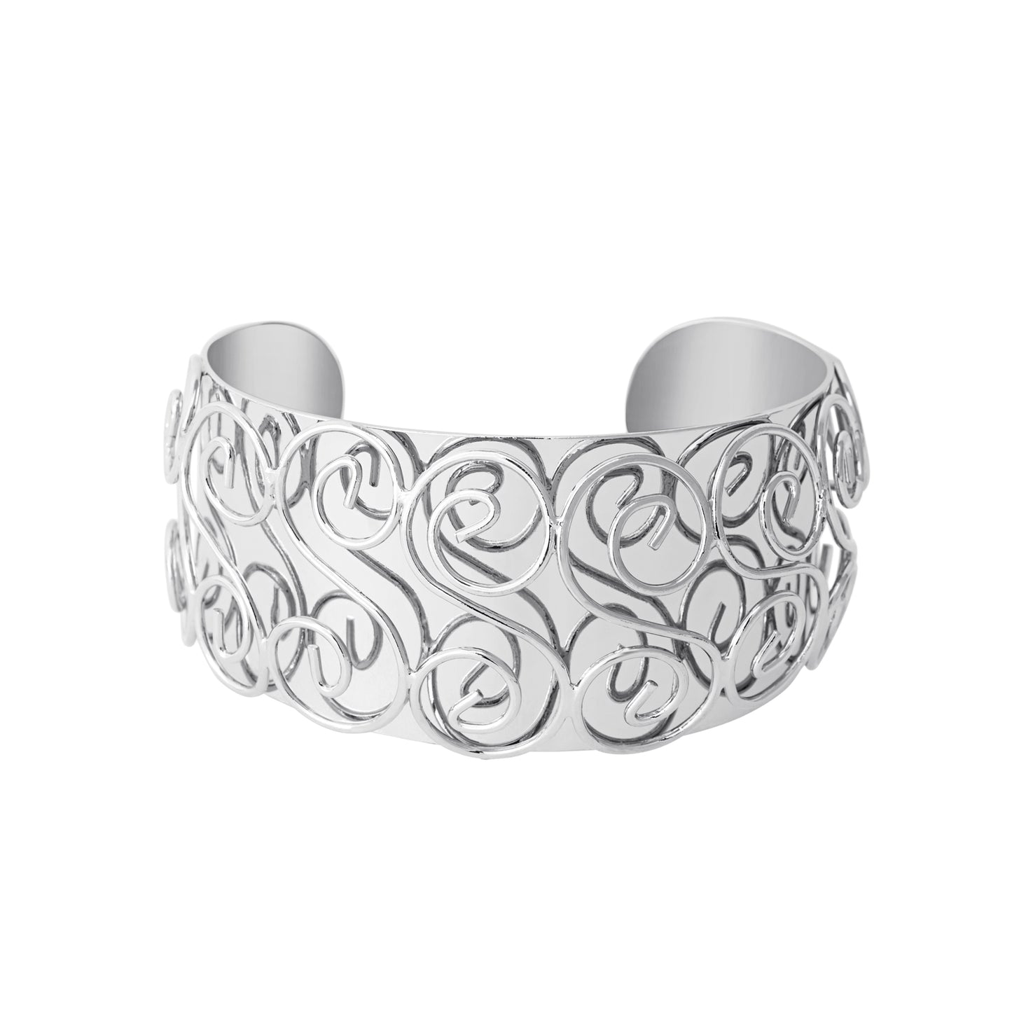 Wide Silver Tone Swirl Pattern Statement Cuff Bracelet with Raised Design