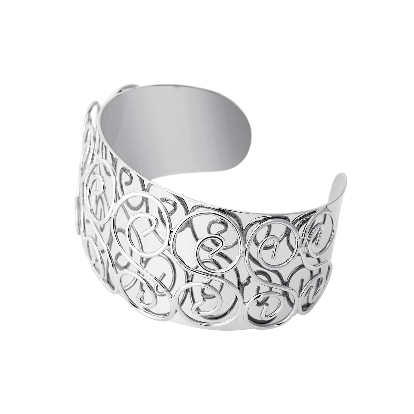 Wide Silver Tone Swirl Pattern Statement Cuff Bracelet with Raised Design