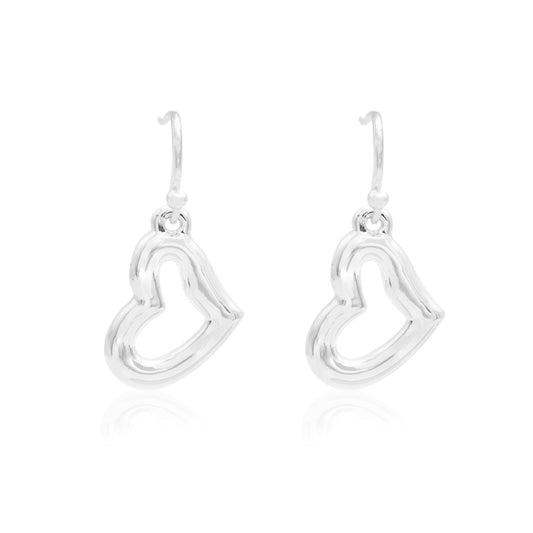 Silver Tone Heart Dangle Earrings - Romantic 1 Inch Drop Love Heart Earrings for Women