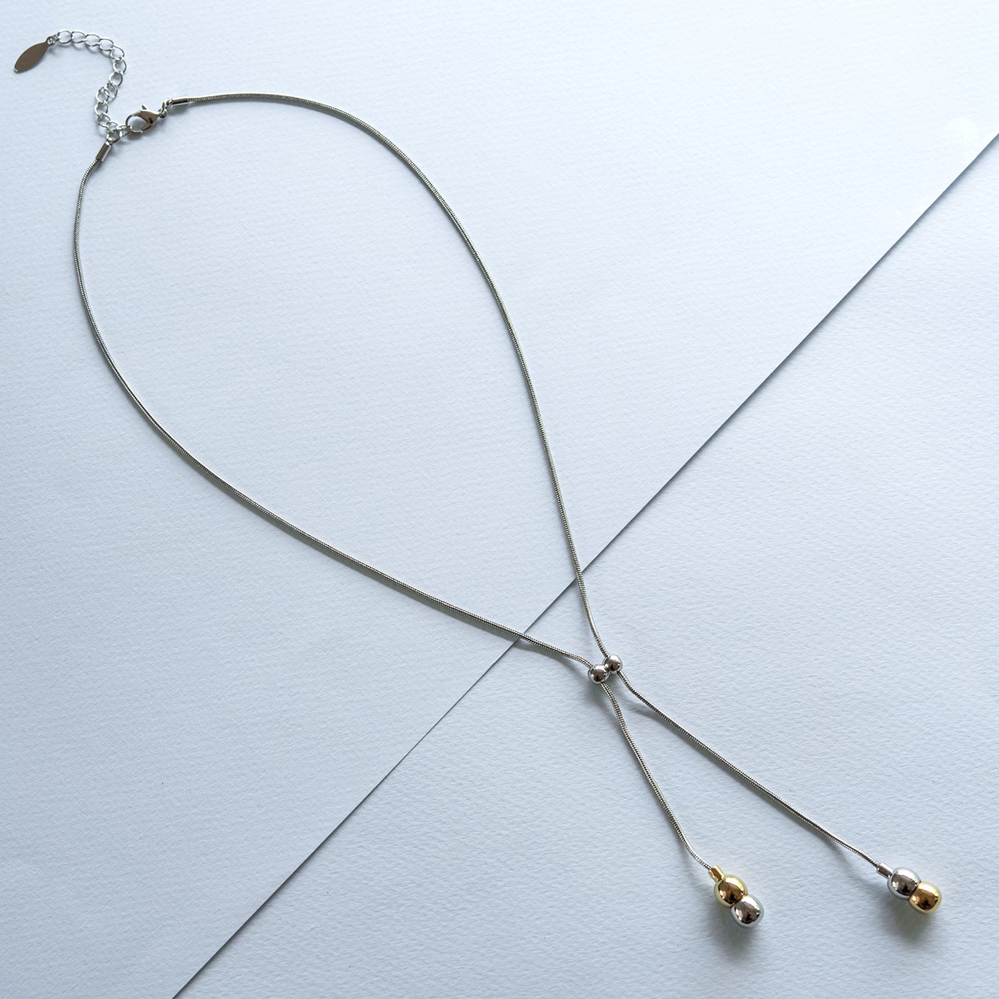 Two-Tone Silver and Gold Y-Drop Lariat Style Fashion Necklace 18 Inch with 4 Inch Drop