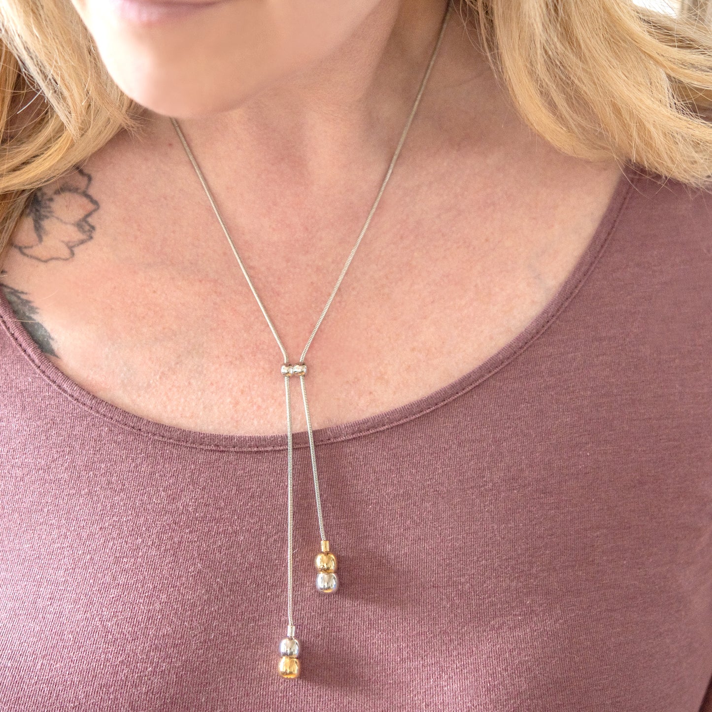 Two-Tone Silver and Gold Y-Drop Lariat Style Fashion Necklace 18 Inch with 4 Inch Drop