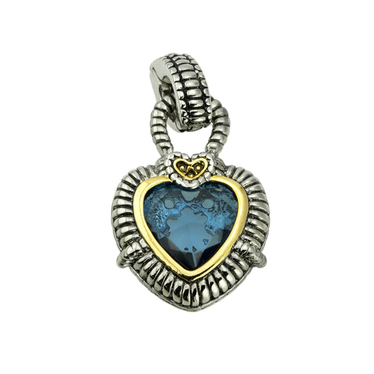 Designer Inspired Vintage Heart Pendant with Aquamarine Blue Glass Stone and Magnetic Enhancer Bail
