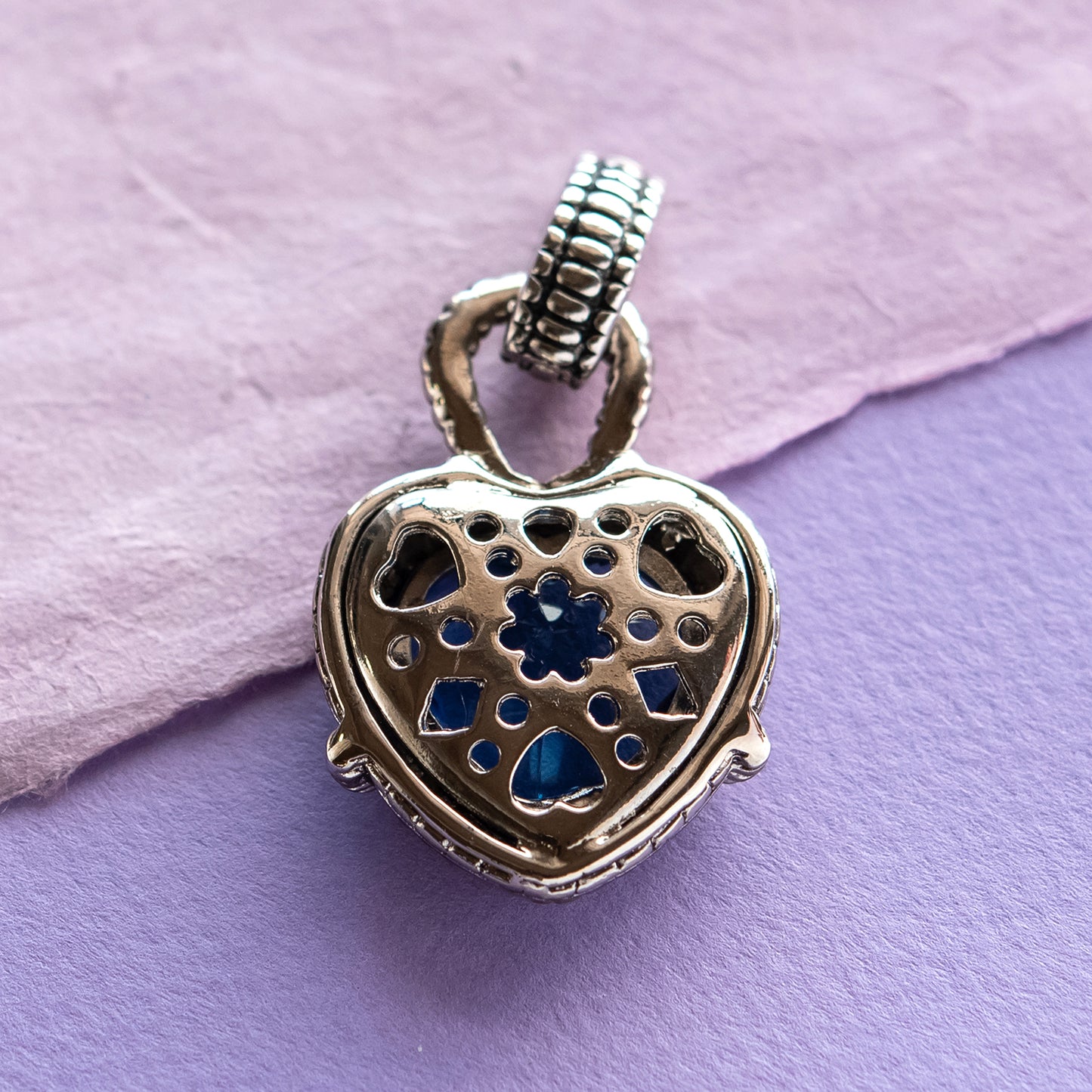 Silver-heart-pendant-aquamarine-blue-glass-heart-insert-Designer-inspired
