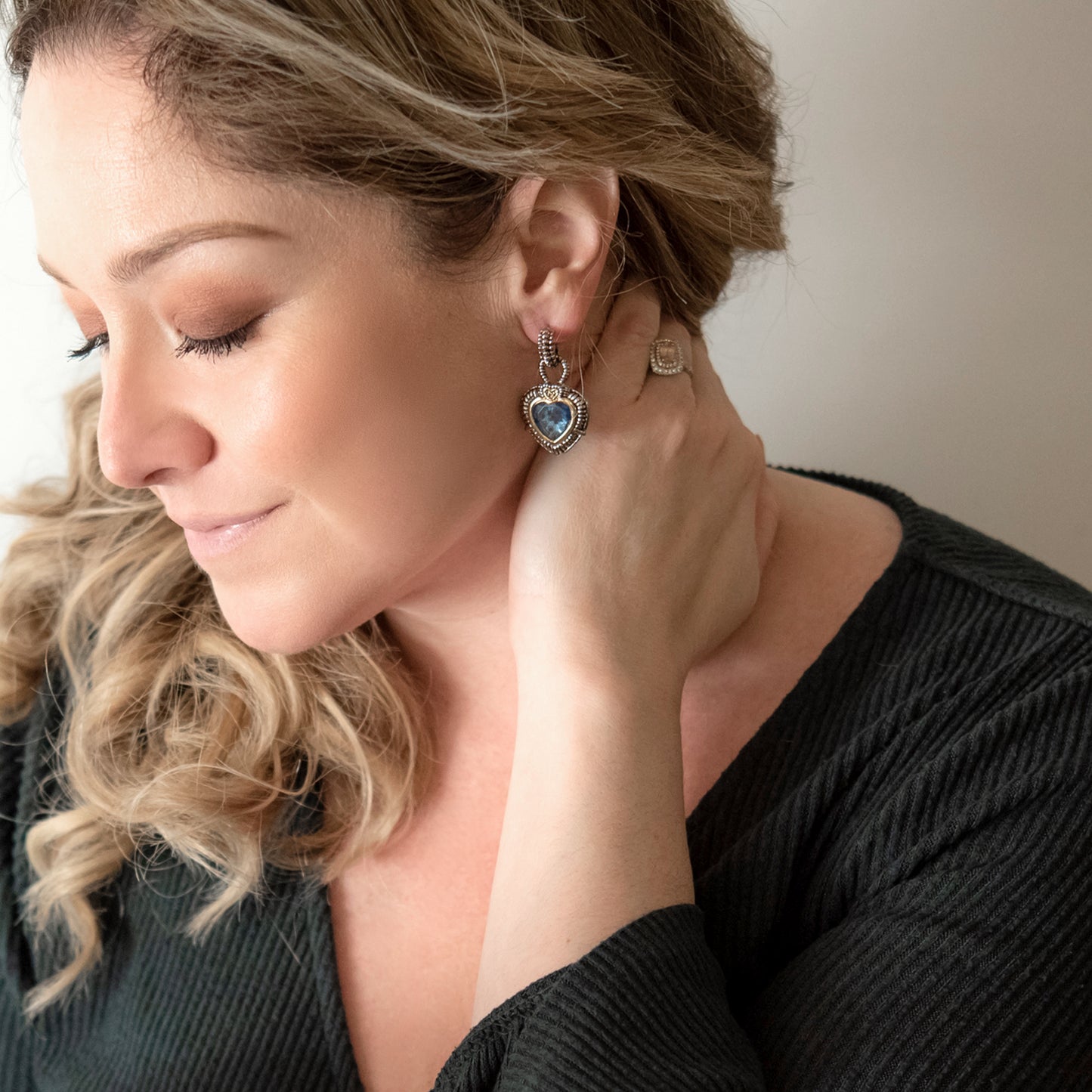 Silver-heart-pierced-earrings-aquamarine-blue-glass-heart-insert-Designer-inspired