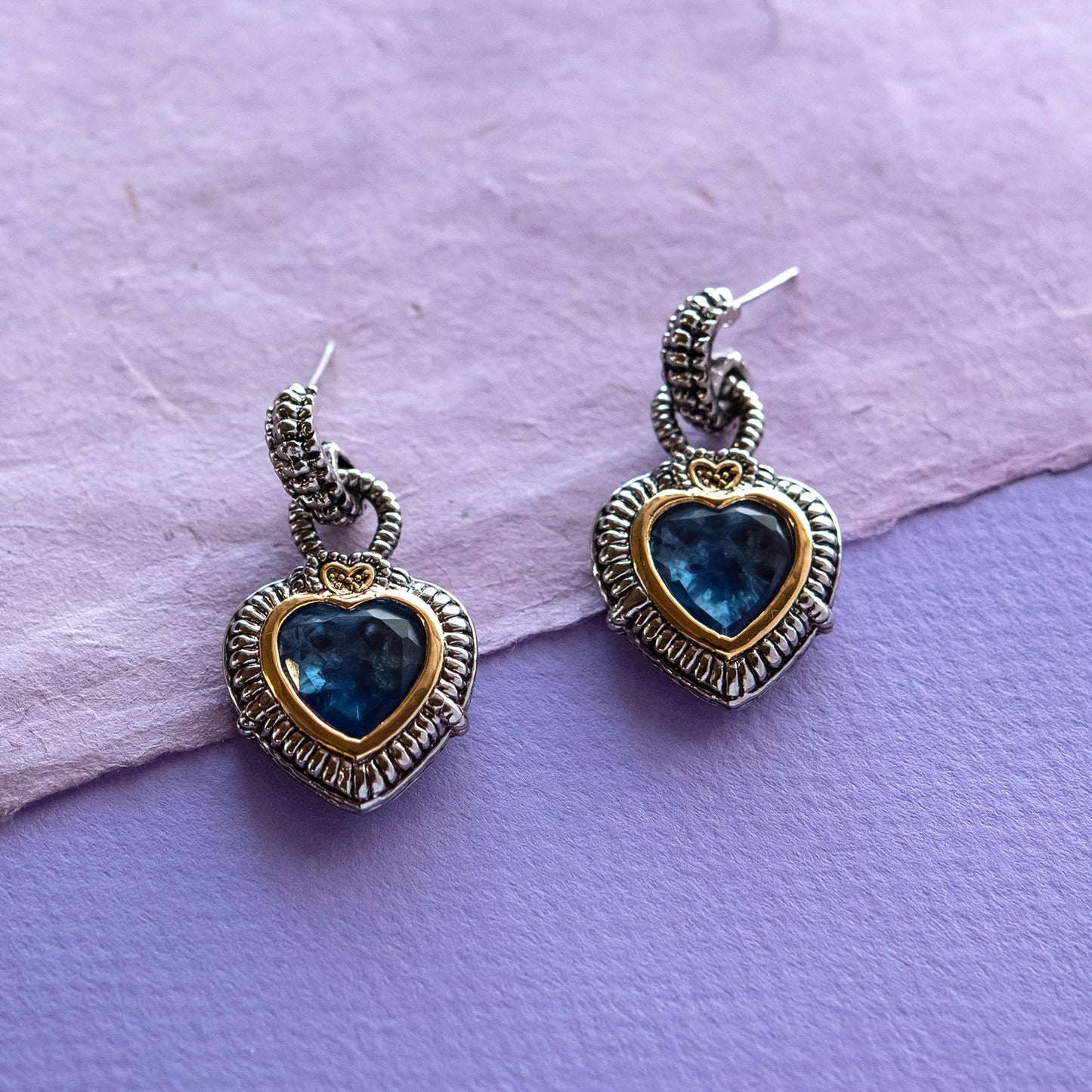 Silver-heart-pierced-earrings-aquamarine-blue-glass-heart-insert-Designer-inspired
