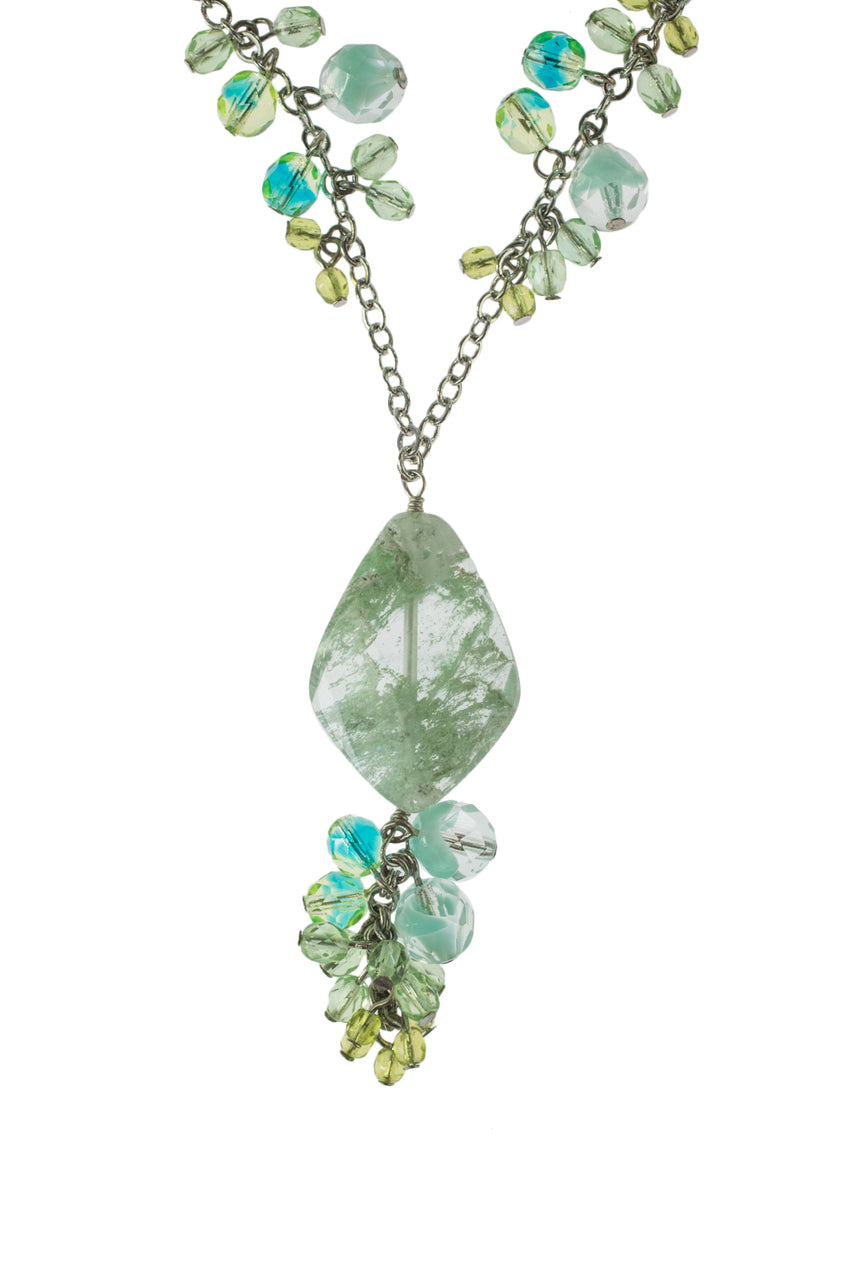 Tropical Beach Genuine Milky Green Quartz and Glass Bead Pendant Necklace with Silver Tone Chain, 19 Inches