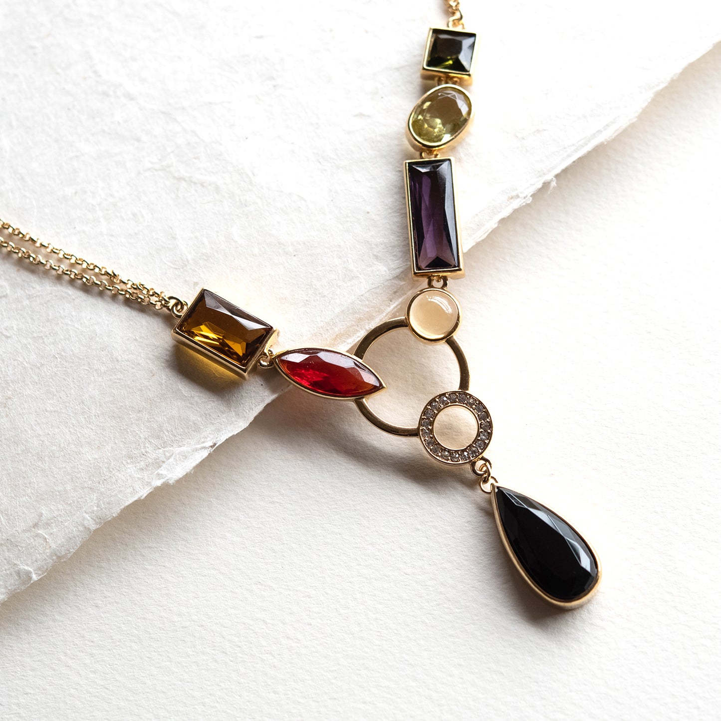 Elegant Multicolor Glass Beaded Y-Necklace with Crystal Ring Drop Gold Tone Chain