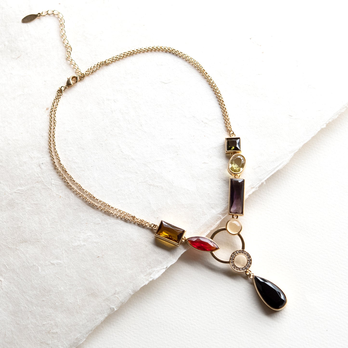 Elegant Multicolor Glass Beaded Y-Necklace with Crystal Ring Drop Gold Tone Chain