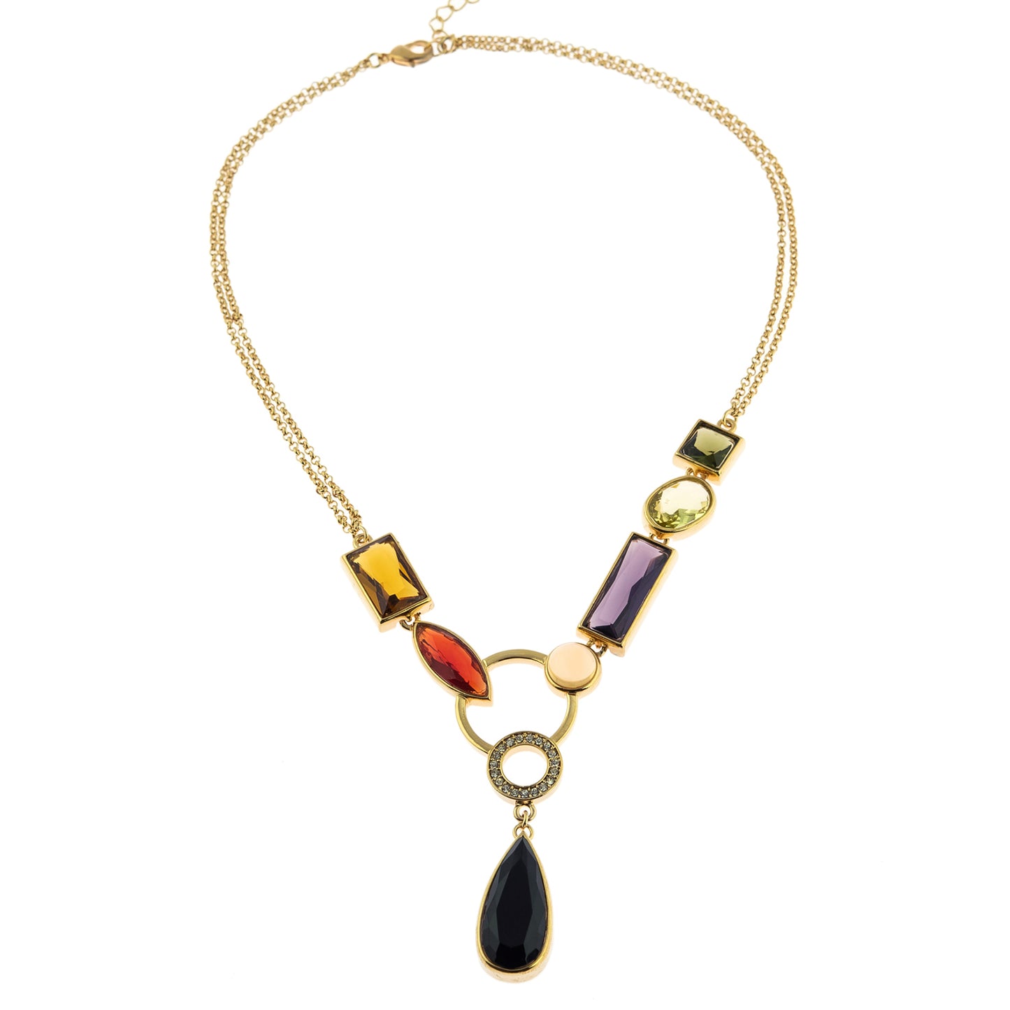 Elegant Multicolor Glass Beaded Y-Necklace with Crystal Ring Drop Gold Tone Chain