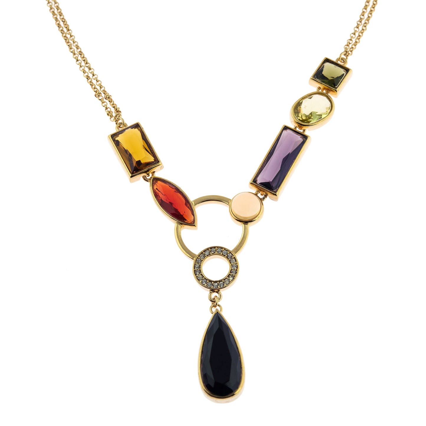 Elegant Multicolor Glass Beaded Y-Necklace with Crystal Ring Drop Gold Tone Chain