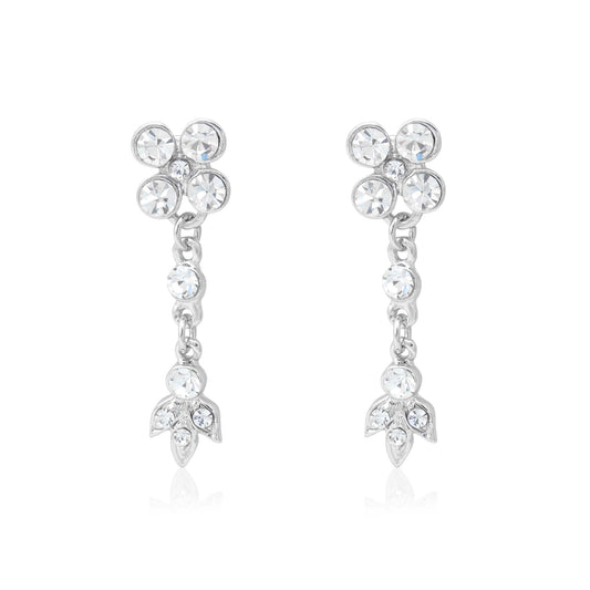 Elegant Austrian Crystal Drop Dangle Earrings with Floral Design - Silver Tone Wedding Jewelry