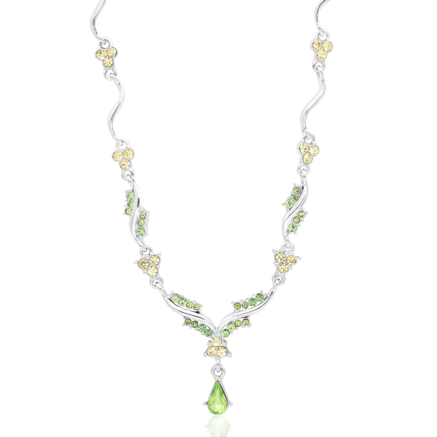 Elegant Crystal Wave Necklace with Green and Yellow Austrian Crystals and Teardrop Pendant, 16 Inch