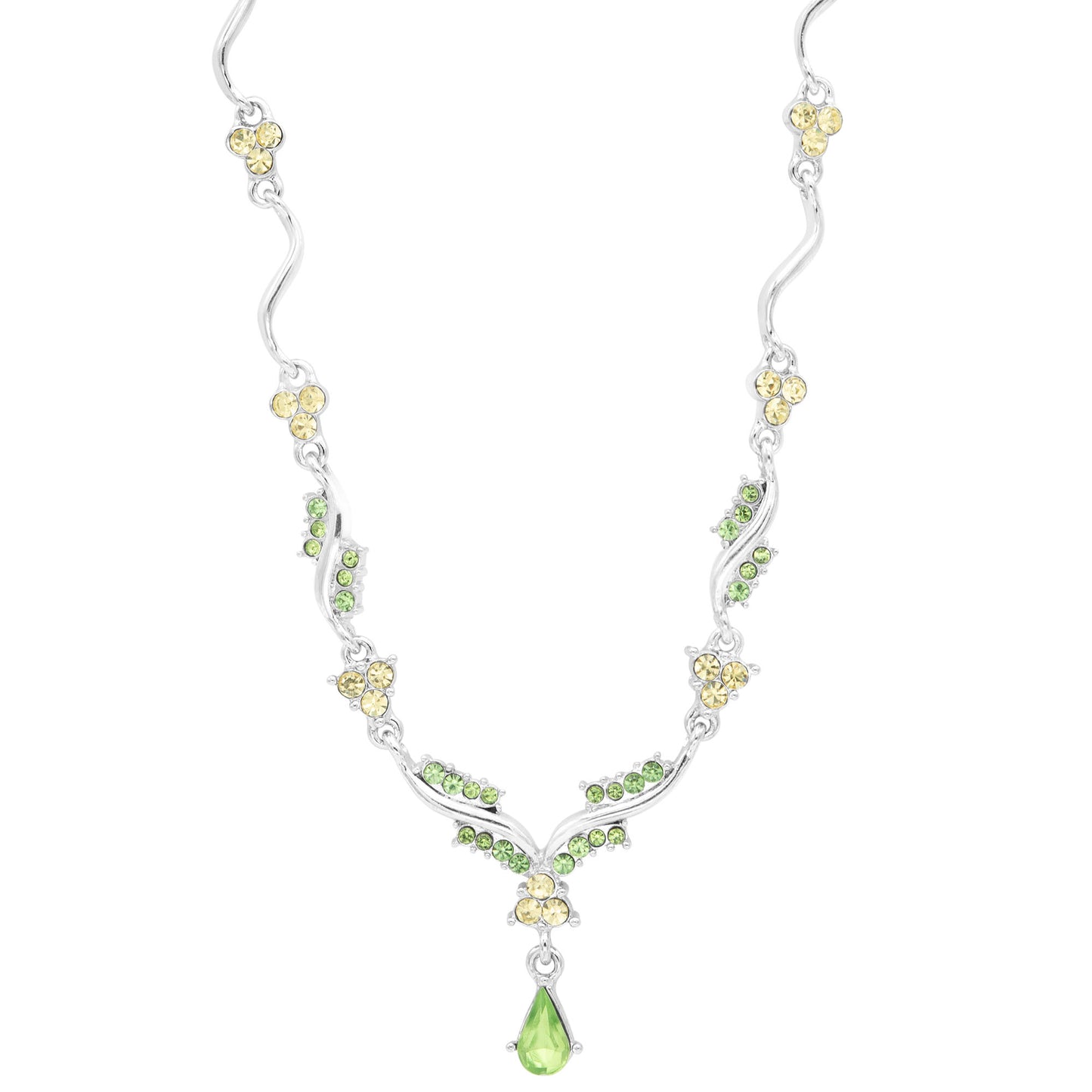 Elegant Crystal Wave Necklace with Green and Yellow Austrian Crystals and Teardrop Pendant, 16 Inch