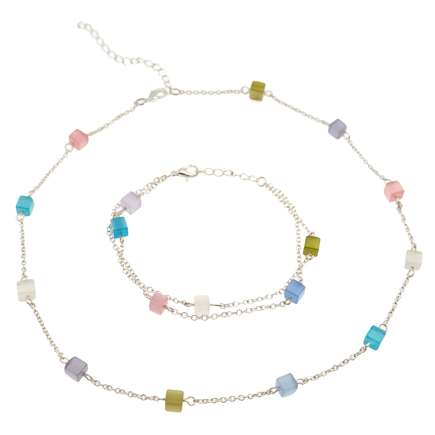 Dainty Pastel Genuine Cat's Eye Cube Station Chain Necklace with Extender