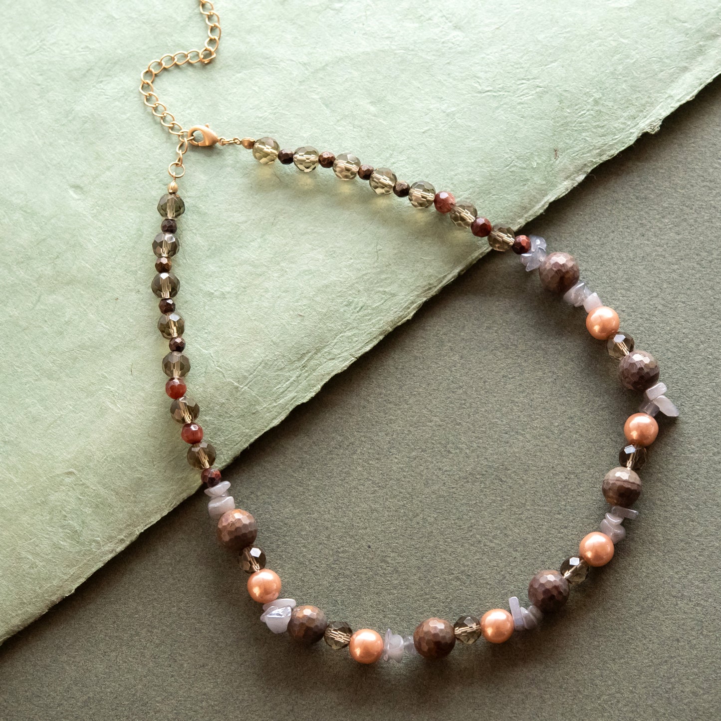 Handcrafted Genuine Jasper and Tiger Eye Beaded Necklace with Glass Accents - 18 inch Natural Stone Statement Necklace