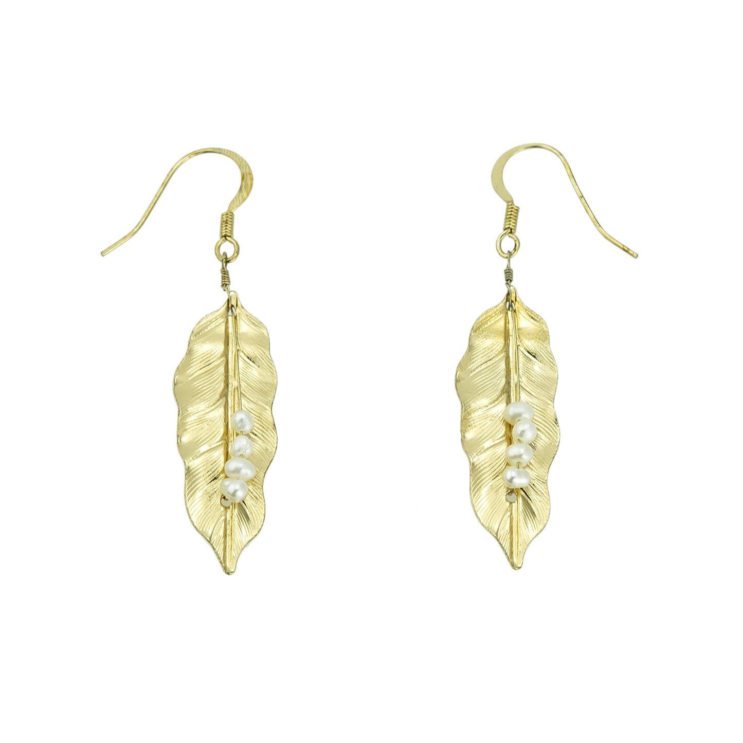 Gold-plated-leaf-pearl-dangle-earrings-2-1/2inches