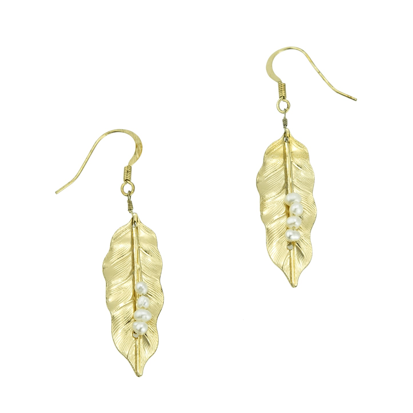 Gold-plated-leaf-pearl-dangle-earrings-2-1/2inches