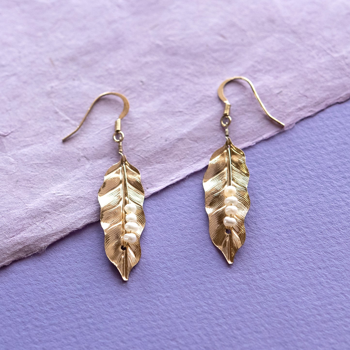 Gold-plated-leaf-pearl-dangle-earrings-2-1/2inches