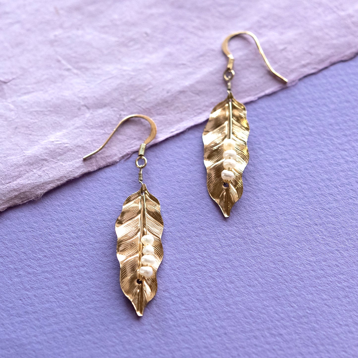 Gold-plated-leaf-pearl-dangle-earrings-2-1/2inches