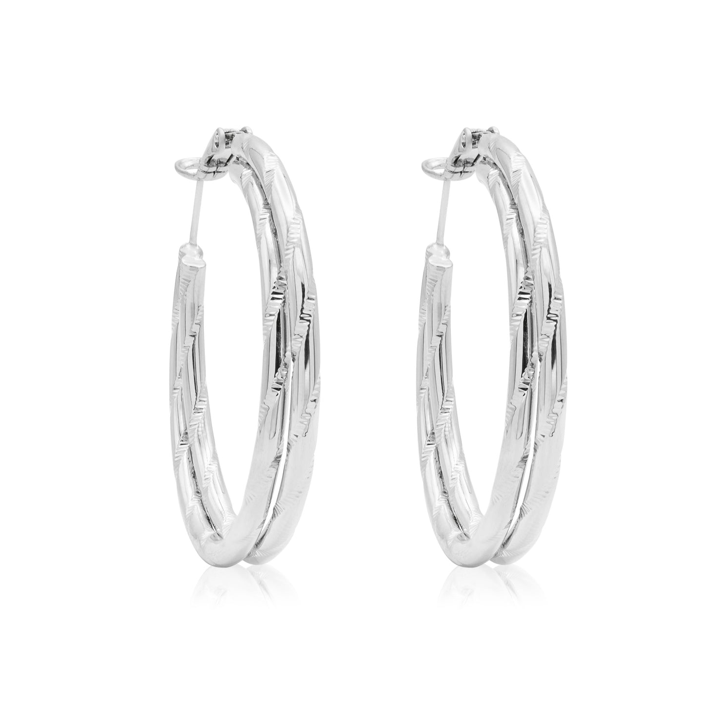 Textured Twist Silver Tone Hoop Earrings with Secure Latch Back Closure, 1.5 Inch Diameter