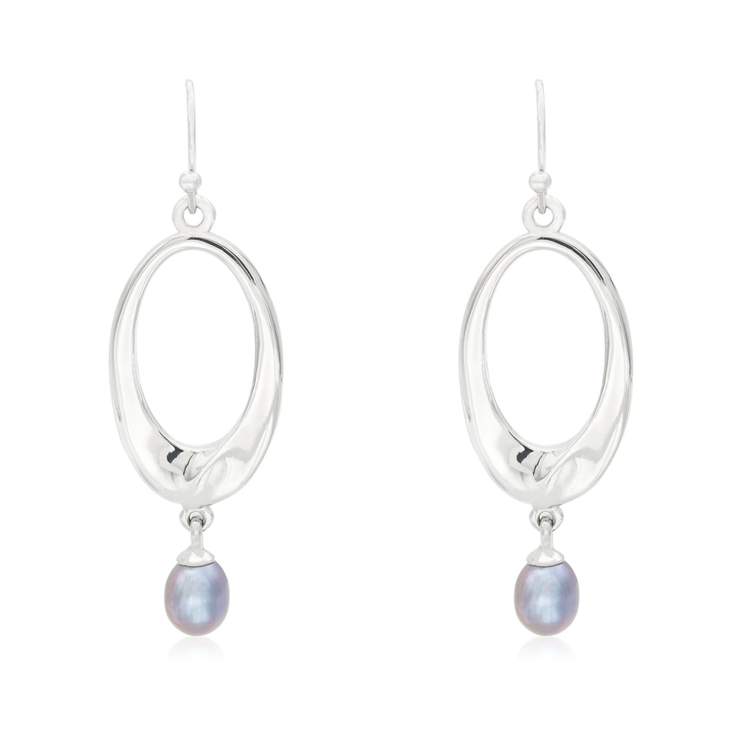 Elegant Glass Pearl Drop Earrings with Silver Tone Oval Frame 2 Inch Dangle Earrings