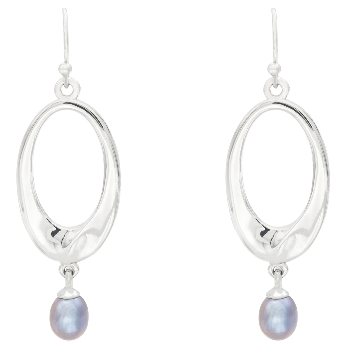 Elegant Glass Pearl Drop Earrings with Silver Tone Oval Frame 2 Inch Dangle Earrings