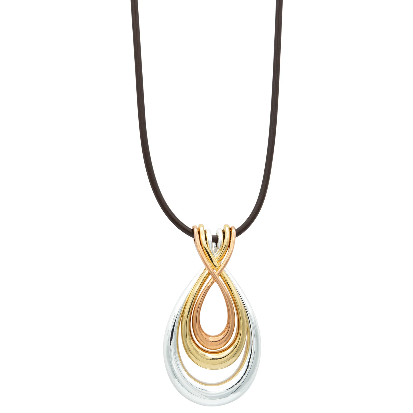 Elegant Tri-Tone Teardrop Pendant Necklace with Black Cord - Fashion Statement Jewelry