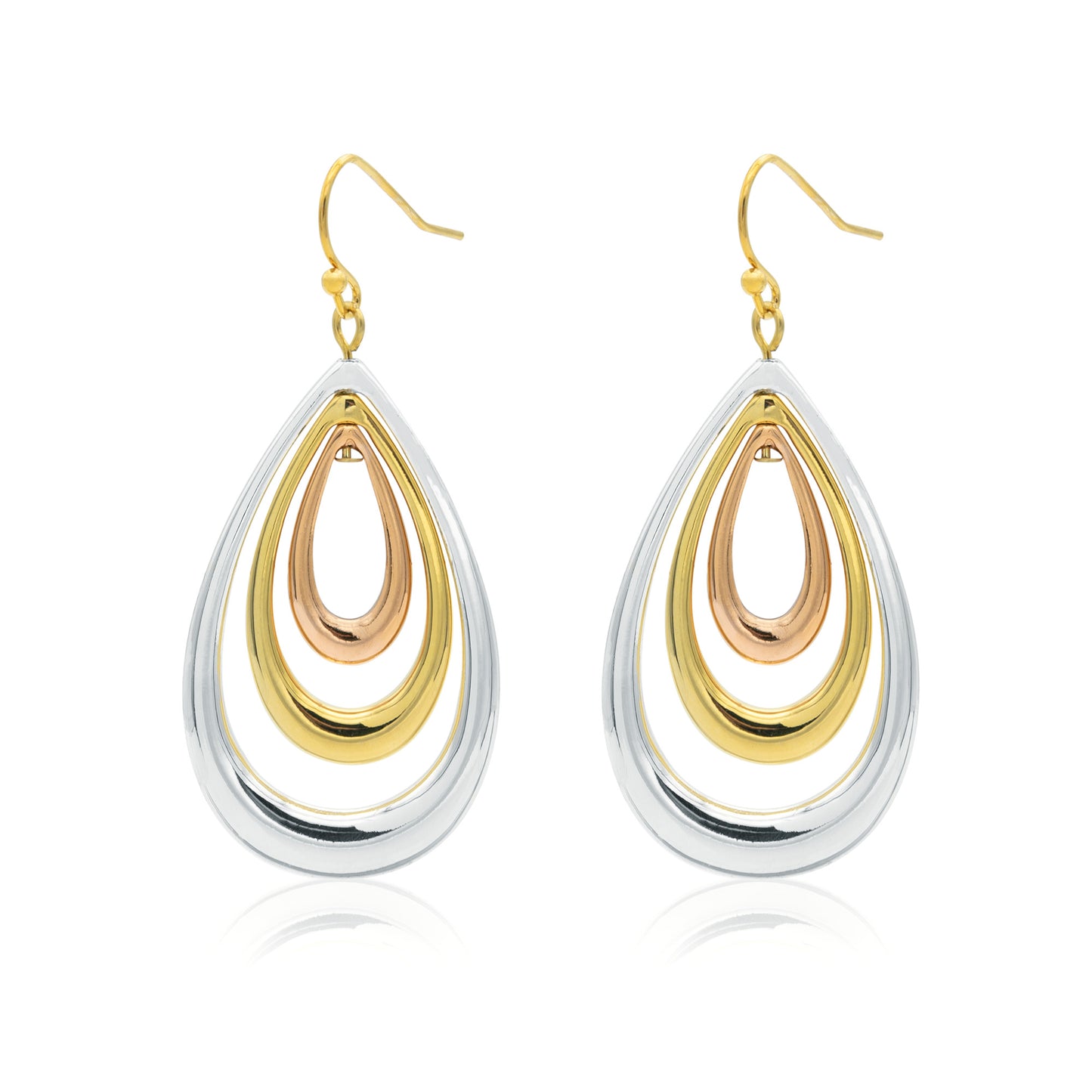 Tri-Color Metal Teardrop Dangle Earrings - 2 Inch Drop Length Fashion Jewelry