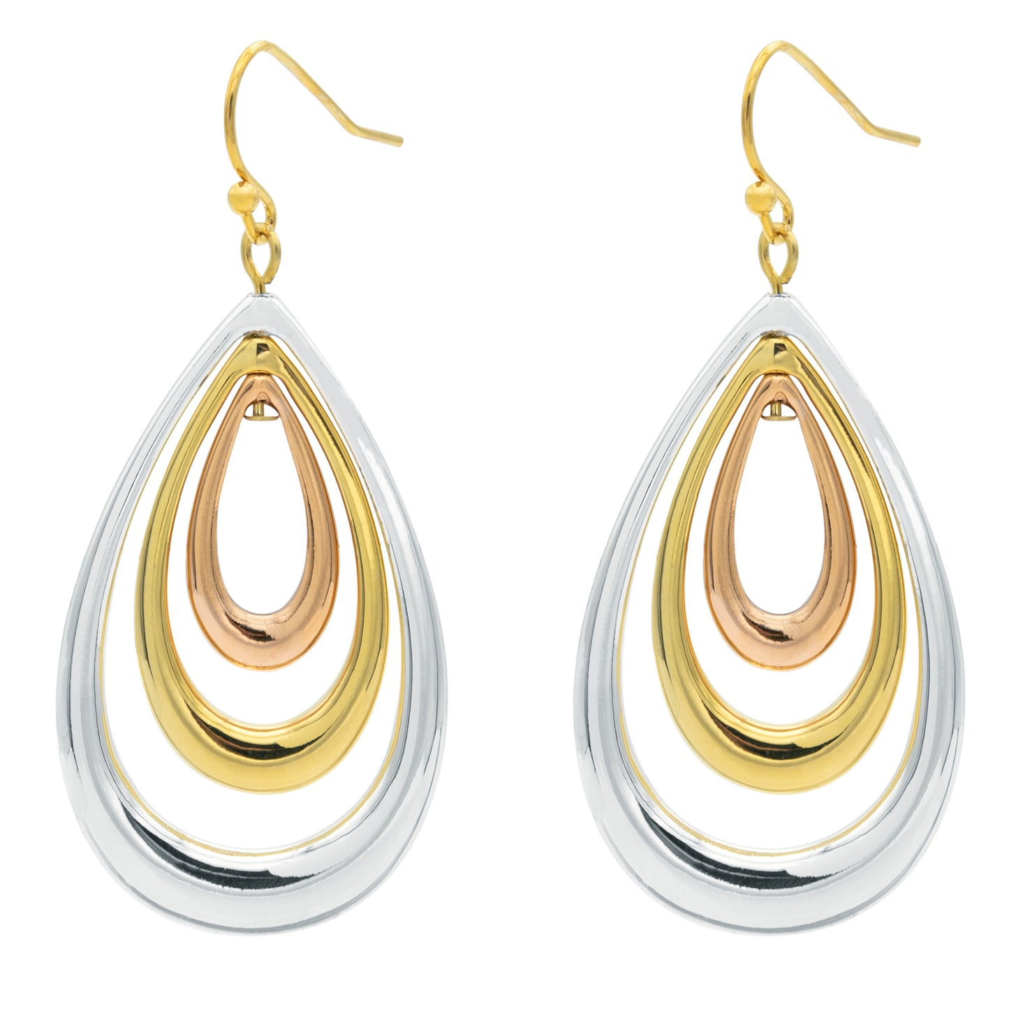 Tri-Color Metal Teardrop Dangle Earrings - 2 Inch Drop Length Fashion Jewelry
