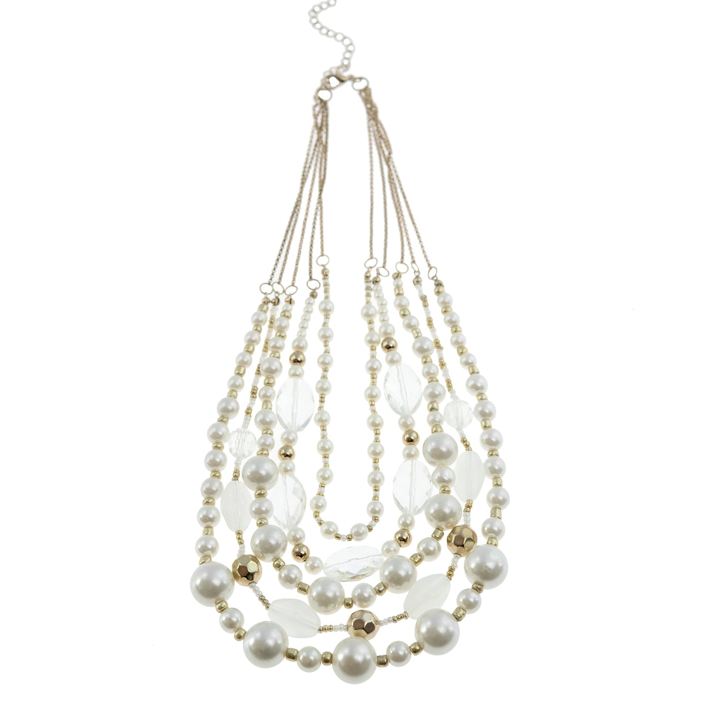 Elegant 5-Strand Pearl Bead Statement Necklace with Crystal Accents and Gold Tone Details