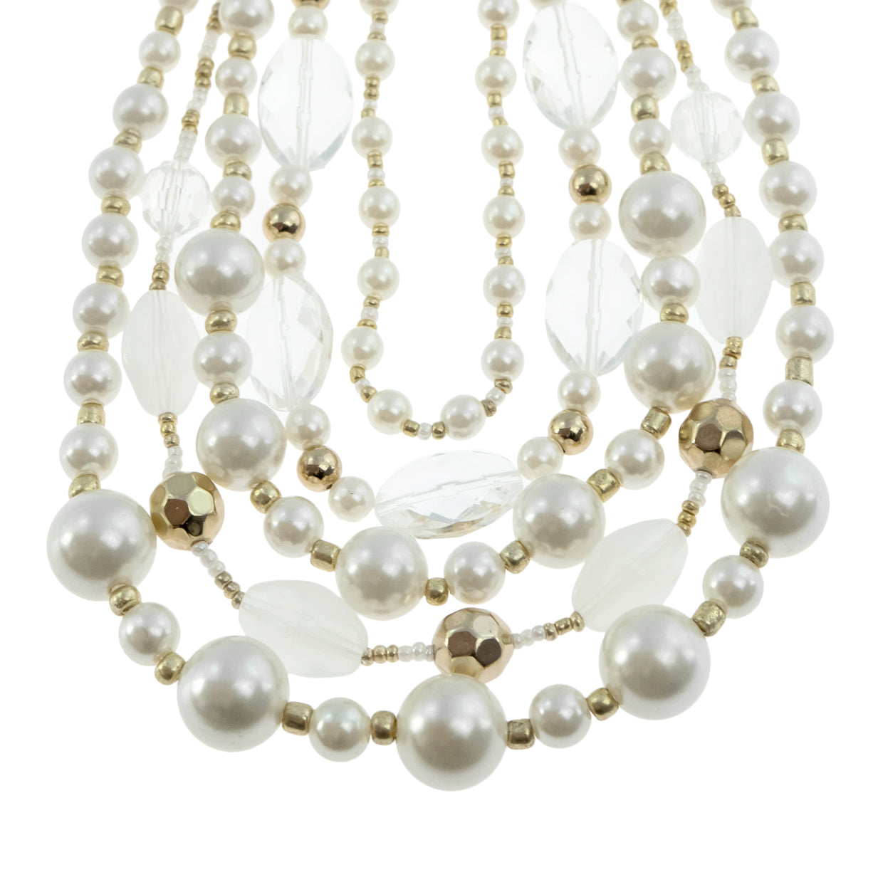 Elegant 5-Strand Pearl Bead Statement Necklace with Crystal Accents and Gold Tone Details