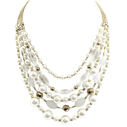 Elegant 5-Strand Pearl Bead Statement Necklace with Crystal Accents and Gold Tone Details