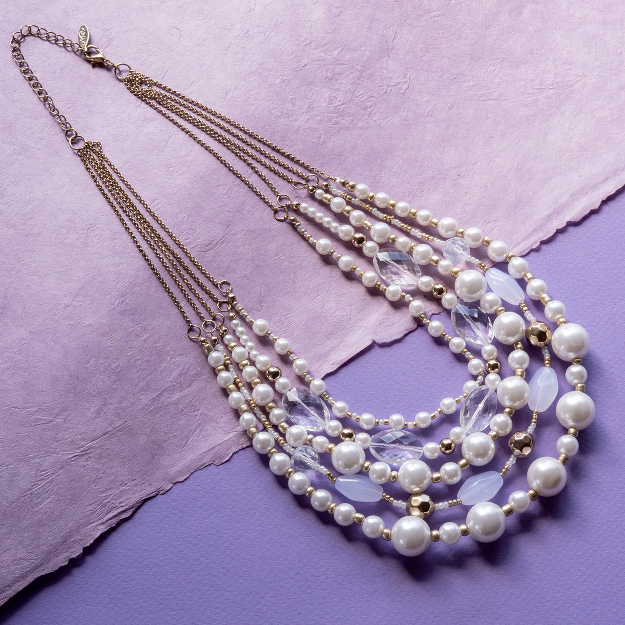 Elegant 5-Strand Pearl Bead Statement Necklace with Crystal Accents and Gold Tone Details