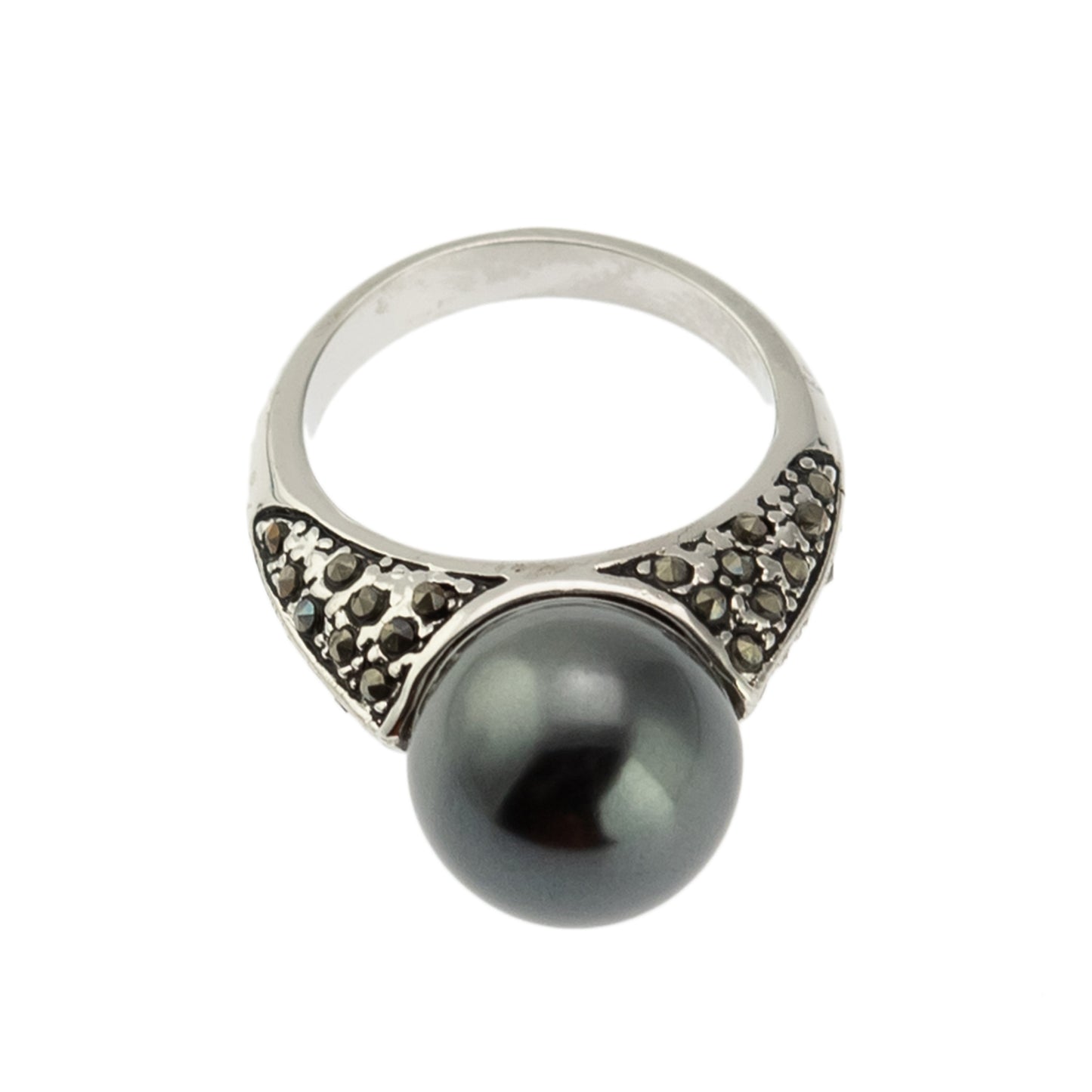 Gray Glass Pearl and Marcasite Statement Ring