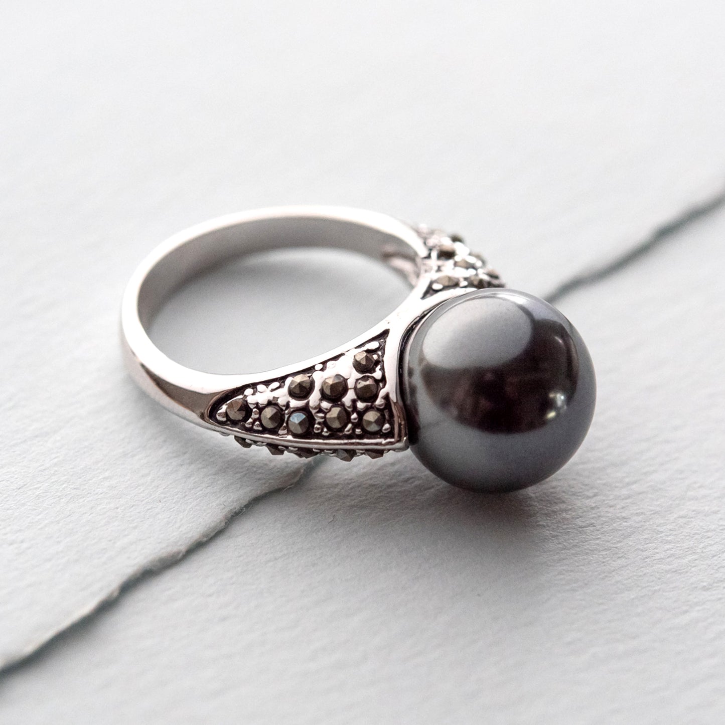 Gray Glass Pearl and Marcasite Statement Ring