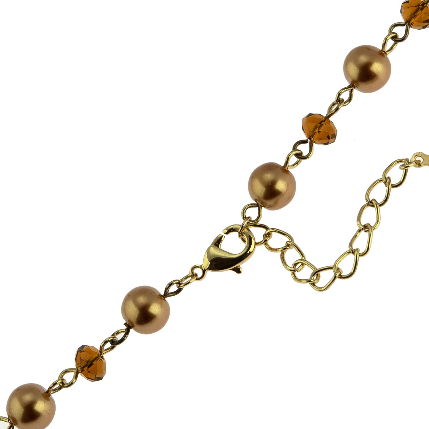 Elegant Long Red Jade and Topaz Crystal Station Necklace with Gold Tone Beads, 38 Inches