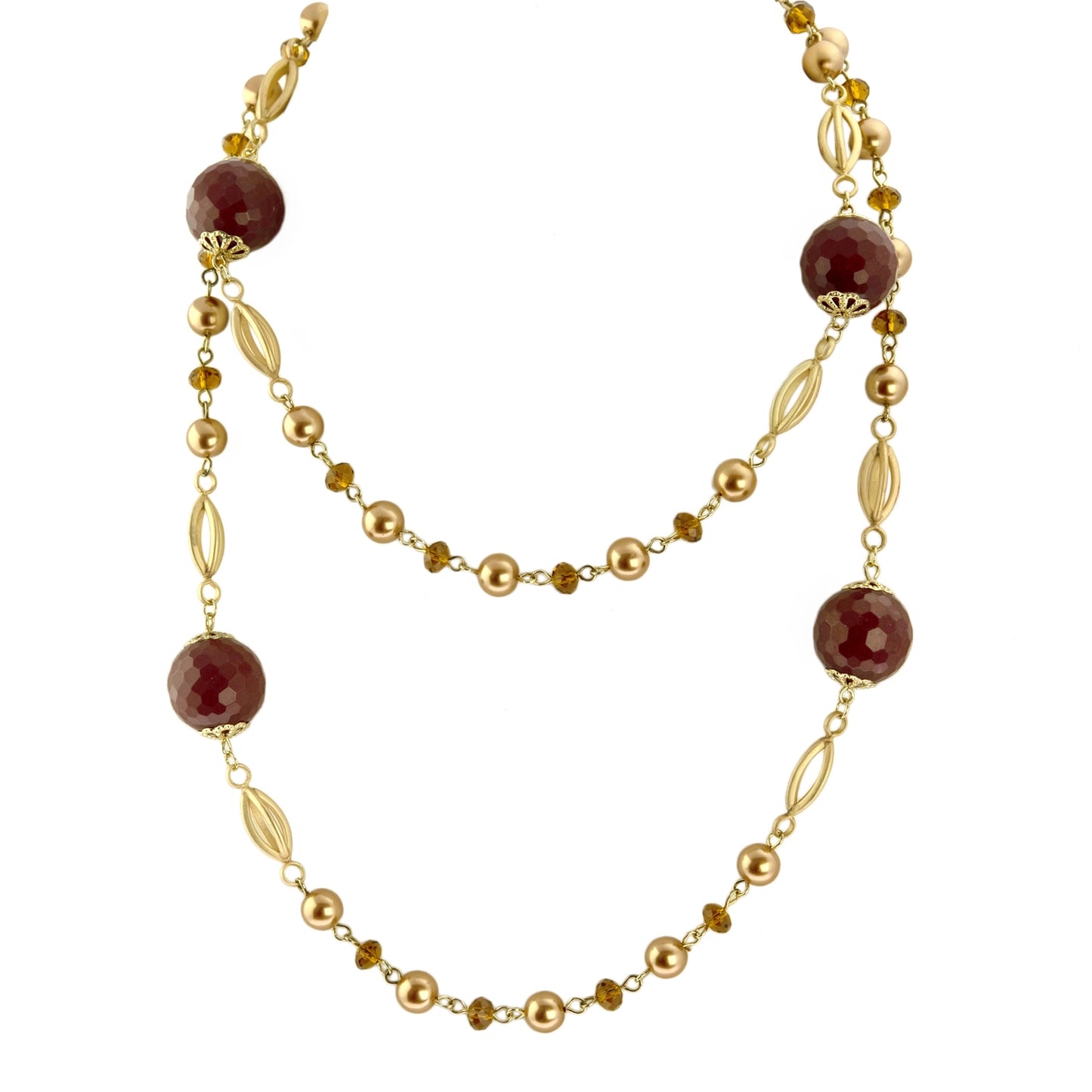 Elegant Long Red Jade and Topaz Crystal Station Necklace with Gold Tone Beads, 38 Inches