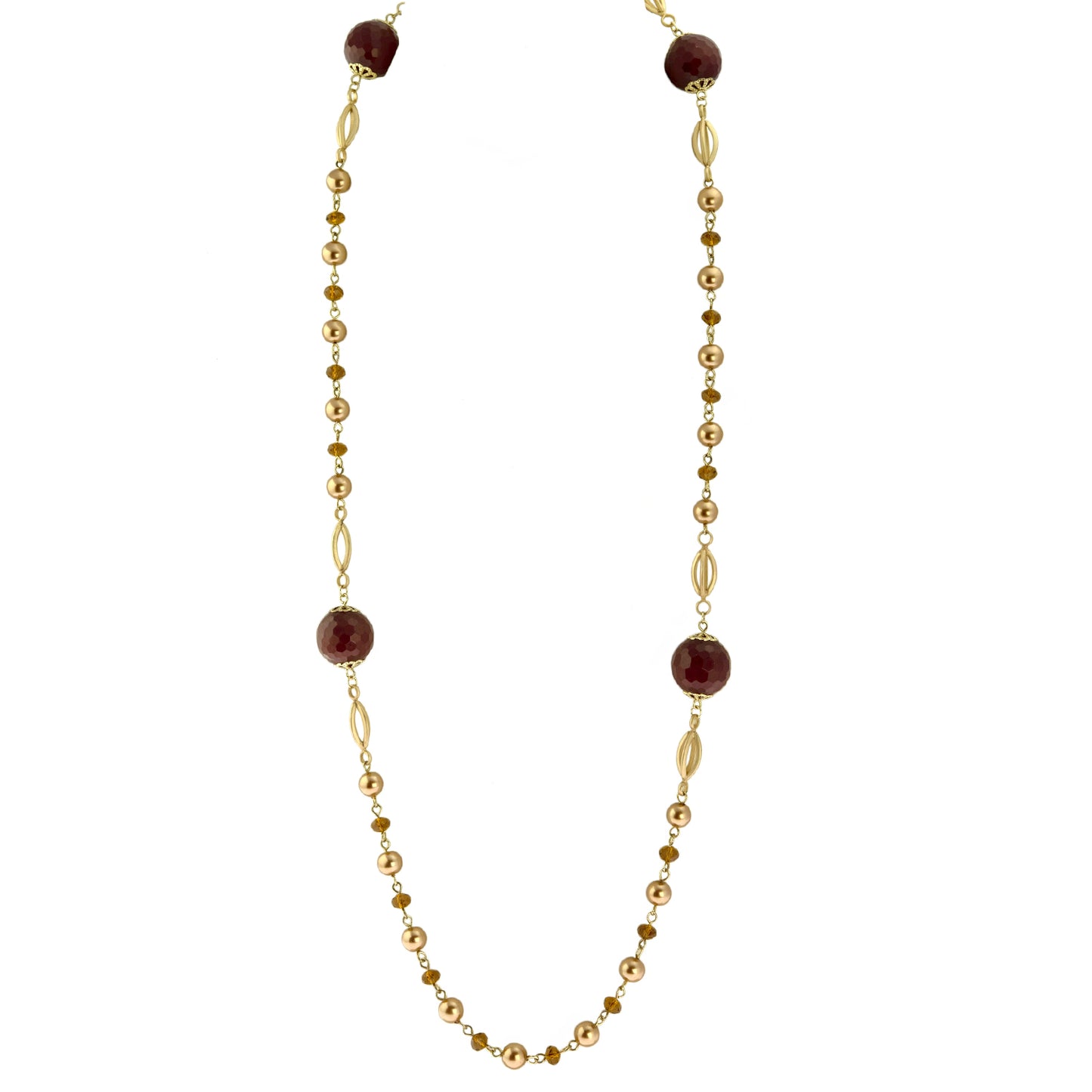 Elegant Long Red Jade and Topaz Crystal Station Necklace with Gold Tone Beads, 38 Inches