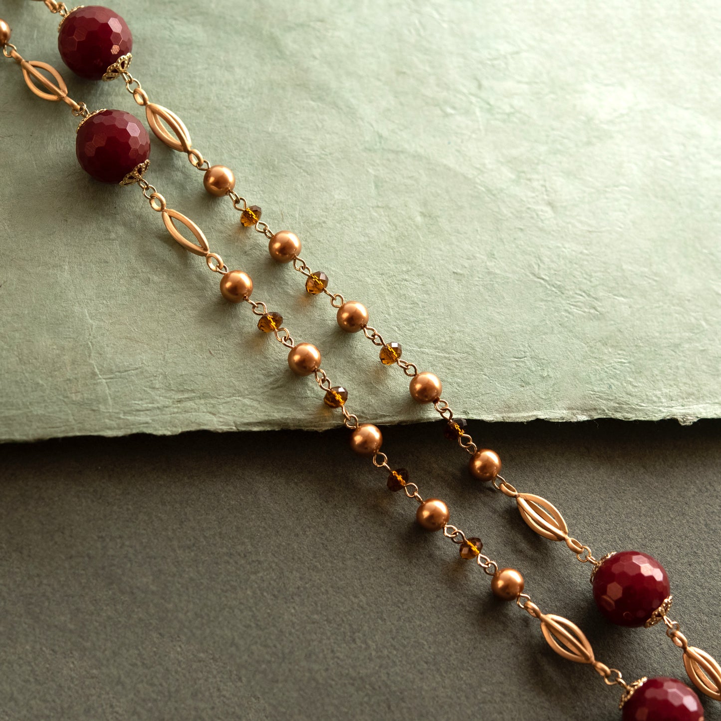 Elegant Long Red Jade and Topaz Crystal Station Necklace with Gold Tone Beads, 38 Inches
