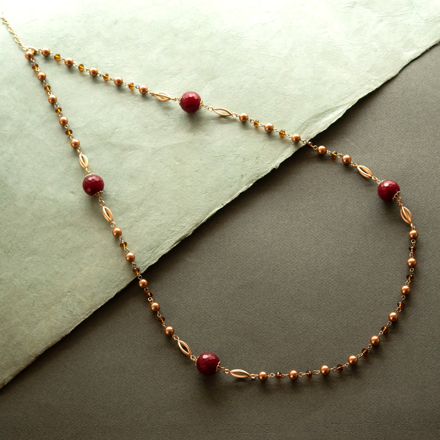 Elegant Long Red Jade and Topaz Crystal Station Necklace with Gold Tone Beads, 38 Inches