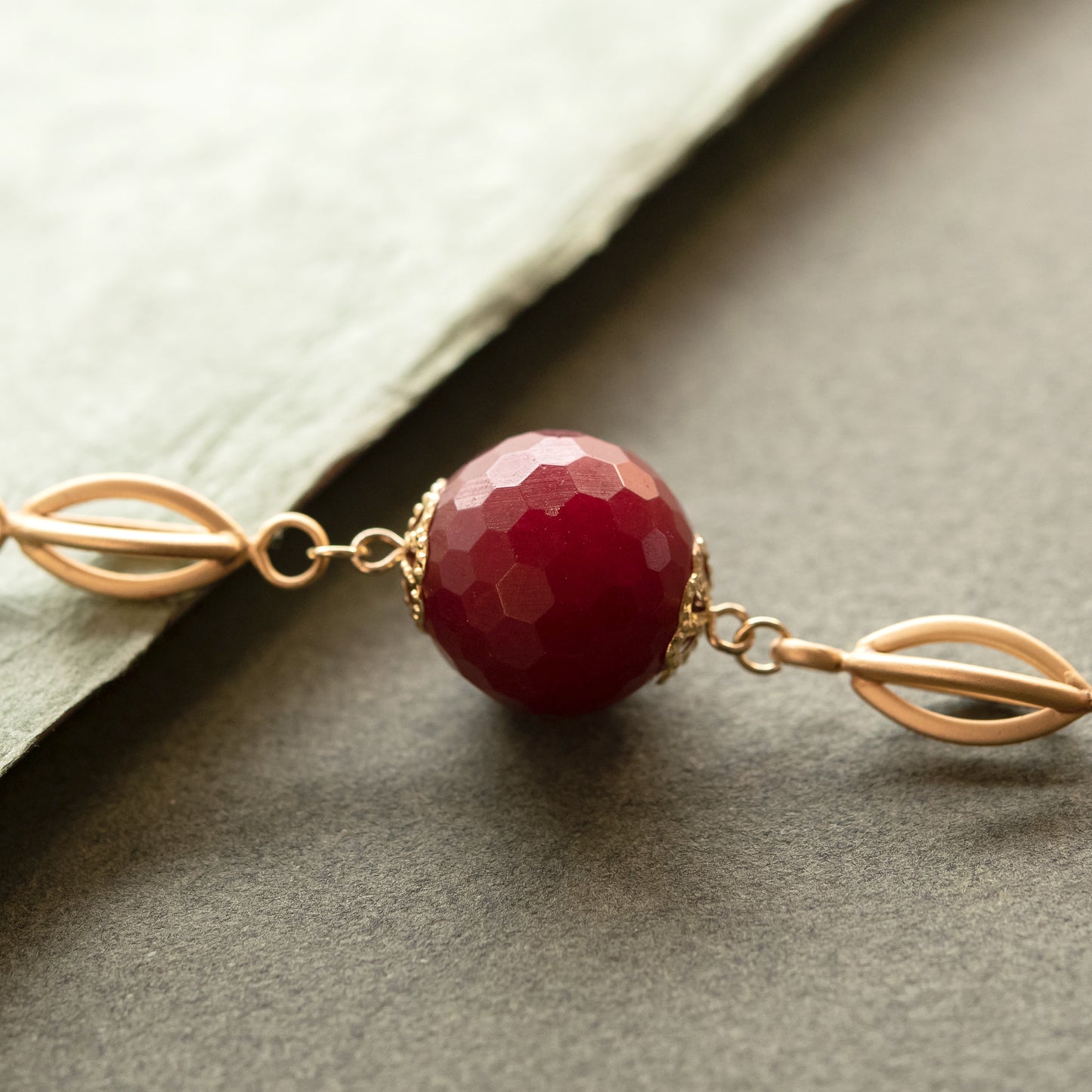 Elegant Long Red Jade and Topaz Crystal Station Necklace with Gold Tone Beads, 38 Inches