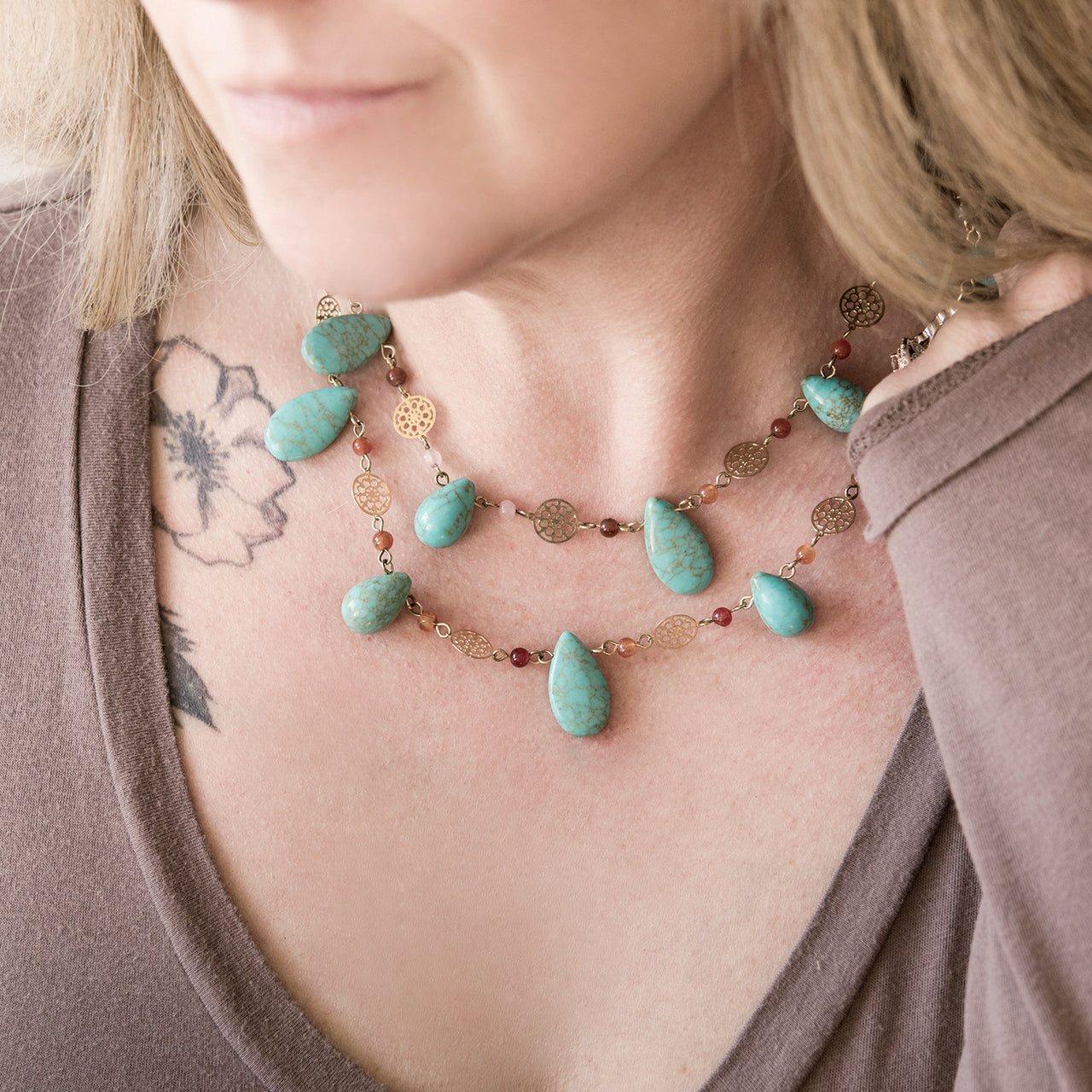Genuine Turquoise and Carnelian Double Layer Statement Bib Necklace with Gold Tone Accents